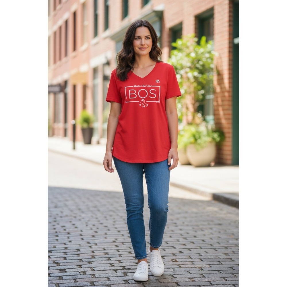 074 Majestic Boston Red Sox Women Red VNeck BOS Graphic T-Shirt MLB Baseball Tee